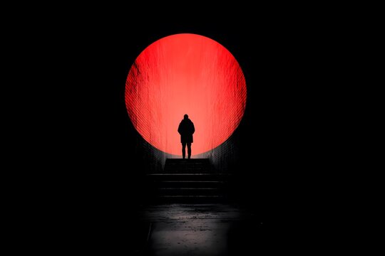 Silhouette man standing at end of stairs with red light circle background