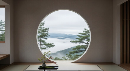 Serene misty mountain landscape framed by a large circular window from a minimalist interior, offering a tranquil and contemplative natural view.