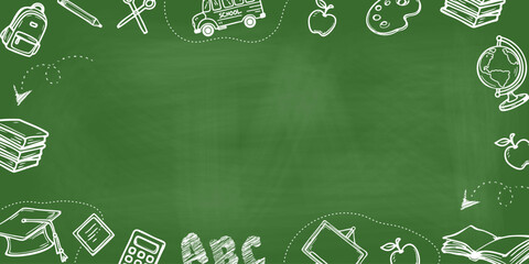 Blank green chalkboard with hand drawn school icons, ideal for text overlays, presentations, lesson plans, or educational banners. Vector art