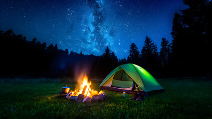 Nighttime Camping Scene Green Tent Campfire Milky Way Stars Forest Meadow Bright Fire Glowing...