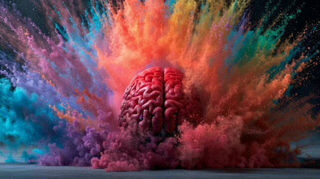 Exploding Brain - Colorful Creativity Concept - A human brain is shown at the center of a vibrant explosion of colorful powder, representing creativity, innovation, and the power of the mind.