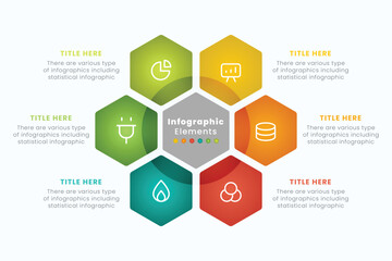 Business circle chart infographic design template with 6 options for presentations, reports, banners, and planning. Vector illustration.