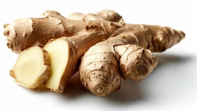 Fresh Ginger Root Slices - A close-up shot of a whole ginger root and two sliced pieces, showcasing its light beige interior and brown, knobby exterior.