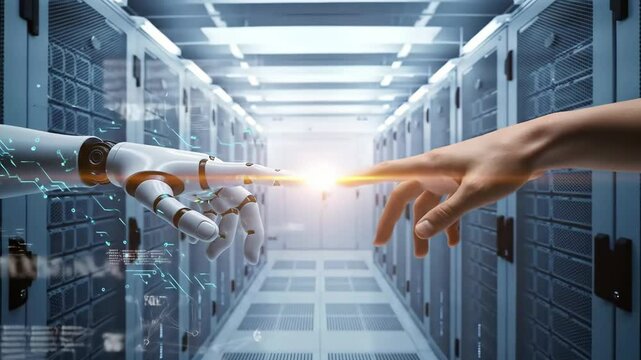 Human and robotic hands connecting in a glowing server room, digital circuits animate
