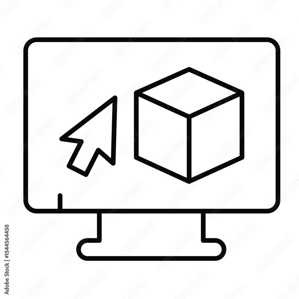 Poster monitor with 3d square and cursor pointer thin line icon, architect studio concept. vector graphics.