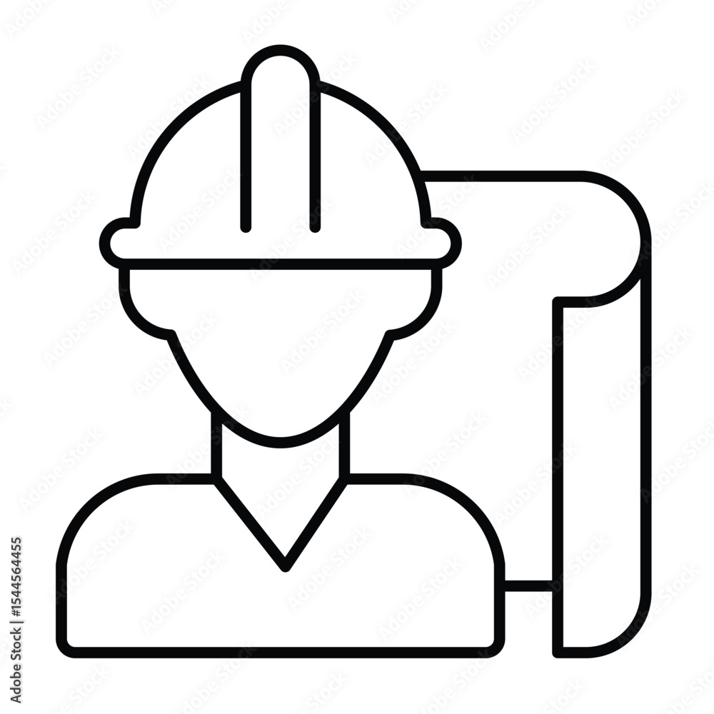 Poster architect man project paper thin line icon, architect studio concept. vector graphics. construction 