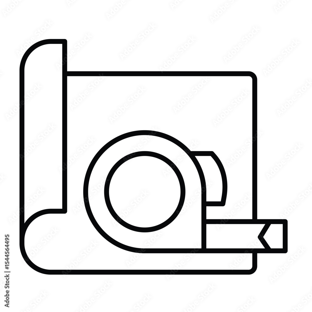 Poster project paper and measuring tape thin line icon, architect studio concept. vector graphics. ruler re