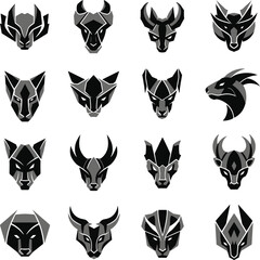 set collection geometry logo head animal dog cat buffalo bull wolf goat deer tiger lion cow black and grey seamless modern abstract wildlife mascot vector high resolution