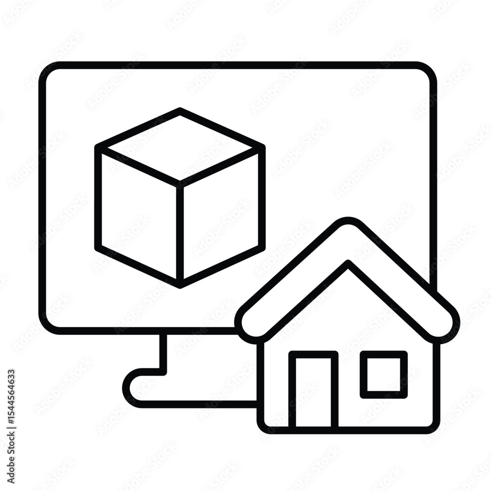 Poster monitor with 3d square and house thin line icon, architect studio concept. vector graphics. display 