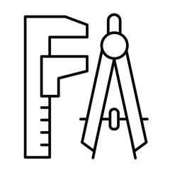 Caliper and drawing compass thin line icon, architect studio concept. Vector graphics. Project design drawing tools sign on white background, style mobile or design.