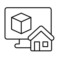 Monitor with 3D square and house thin line icon, architect studio concept. Vector graphics. Display with 3D building program sign on white background, style mobile or design.