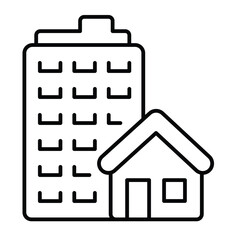 Skyscraper tower and cottage building thin line icon, real estate concept. Vector graphics. City skyscraper, private house sign on white background, style mobile or design.