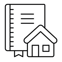 Architect notebook and house thin line icon, architect studio concept. Vector graphics. Notepad with cottage building sign on white background, style mobile or design.