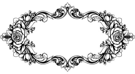 Ornate Floral Frame: Elegant black and white illustration of a decorative frame featuring intricate scrollwork and two roses. Perfect for adding a touch of vintage charm to your designs.