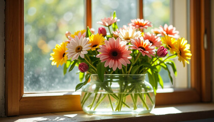 A beautiful bouquet of mixed flowers, including gerbera daisies in shades of pink, yellow, and white, sits in a clear glass vase on a windowsill.