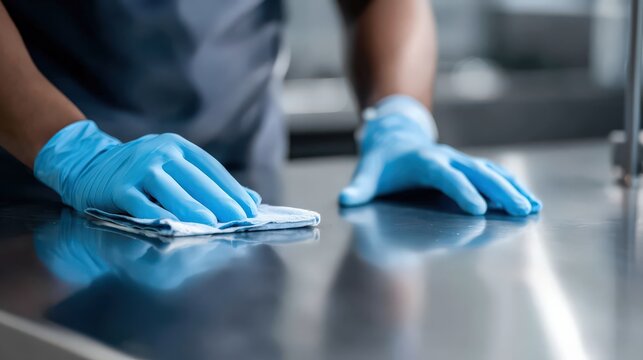 Person wearing blue gloves cleaning a stainless steel surface with a cloth, emphasizing hygiene and cleanliness.