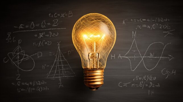 A glowing light bulb symbolizes innovation and ideas, surrounded by complex mathematical equations and scientific formulas on a dark chalkboard.
