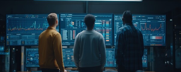 Three individuals analyze multiple large screens displaying complex data charts and graphs in a high-tech control room.