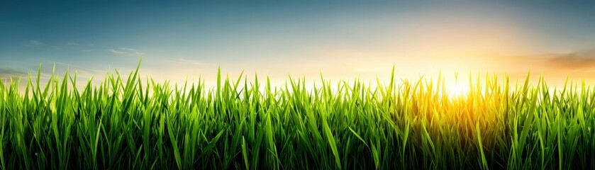 A vibrant green grass field stretches under a colorful sky at sunrise or sunset, showcasing nature's beauty and tranquility.
