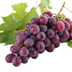 Fototapeta premium Red Grapes with Green Leaves and Water Droplets Isolated on White Background Ai isolated on a transparent background