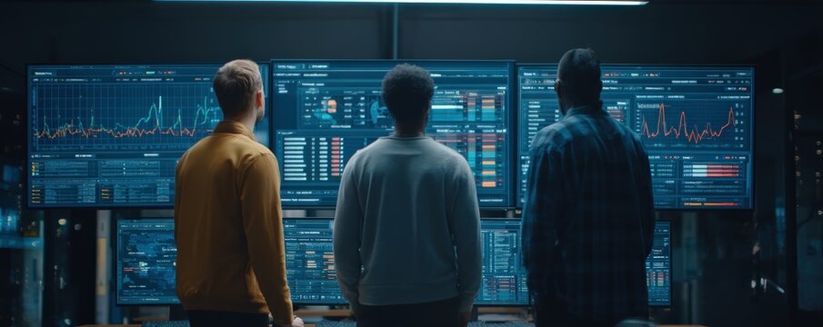 Three individuals analyze multiple large screens displaying complex data charts and graphs in a high-tech control room.