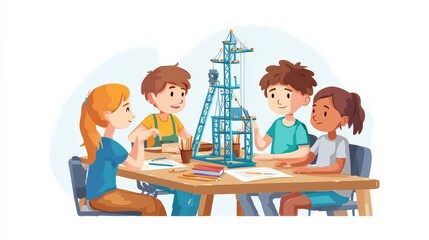 Four children sit around a table, collaboratively building a model of an oil drilling rig, engaged in a hands-on educational activity.