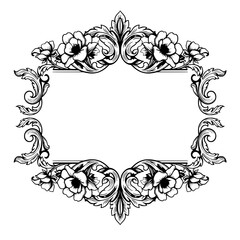 Elegant Floral Frame: A detailed monochrome illustration of an ornate floral frame, featuring delicate blossoms, intricate scrolls, and a central space perfect for text or an image.