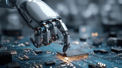 A robotic hand interacts with a glowing microchip on a circuit board, symbolizing advanced technology and artificial intelligence.