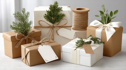 Neatly arranged rustic holiday gifts wrapped in kraft paper, twine, and adorned with fresh pine sprigs create a festive and charming scene.
