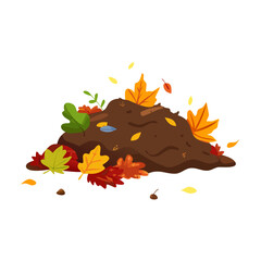 Pile of Brown Garden Soil or Compost with Colorful Autumn Leaves Vector
