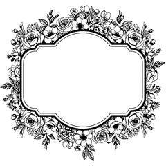 Elegant Floral Frame: An intricate monochrome floral frame, featuring delicate roses, petals and blooms, creates a timeless design.