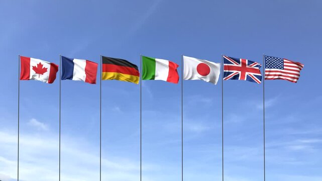 Loop video of G7 nation flags under blue sky