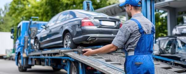 A worker secures a black car on a flatbed tow truck outdoors, preparing it for transport.