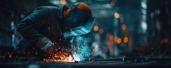 A welder wearing protective gear works intensely, sparks flying as they fuse metal in a dimly lit industrial setting.
