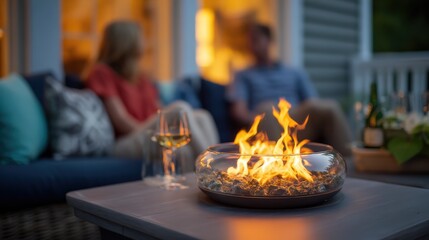 Cozy outdoor setting with a modern glass fire pit on a table, two people relaxing in the background with warm ambient lighting.