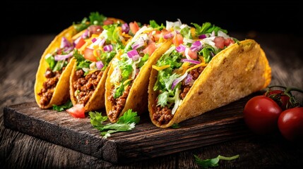 Four crispy tacos filled with seasoned meat, lettuce, tomatoes, onions, and cheese on a wooden board, garnished with fresh herbs and cherry tomatoes.