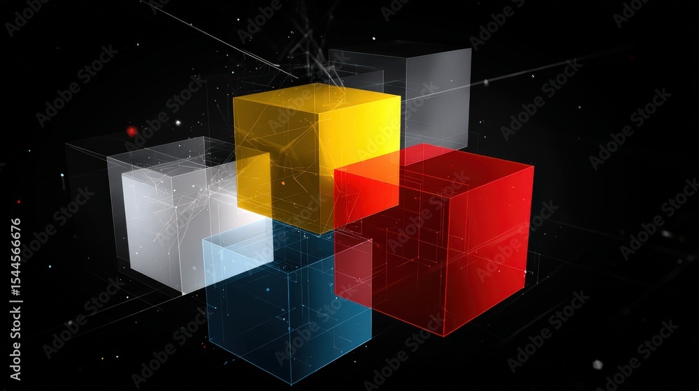 Poster a digital 3d composition of colorful transparent cubes interconnected by glowing lines on a dark, st