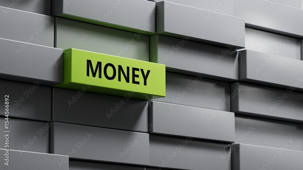 Poster money.metal blocks spelling.flat lay view from above on green background with metal blocks buttons.i