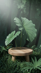 Lush green plant with large leaves presented on a wooden podium in natural setting