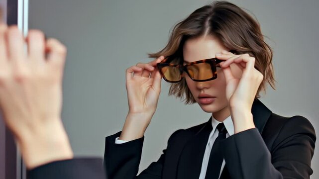 Woman trying on stylish sunglasses in front of a mirror, making a shopping decision. Perfect for fashion, eyewear, and style inspiration content.