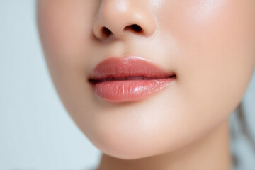 Fototapeta premium Close-up of smooth, radiant skin and natural pink lips, highlighting healthy facial skin texture and subtle makeup.