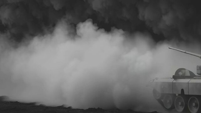 Military Tanks Advancing Through Smoke and Dust - Three military tanks move forward through a battlefield obscured by thick smoke and dust clouds.