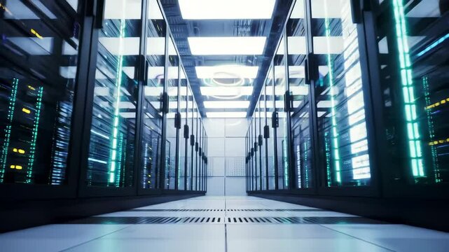Server room with pulsing LED lights, animated network activity, and dynamic reflections