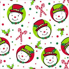 Whimsical Vintage Snowman Head Seamless Pattern with Candy Cane and Holly leafs- Christmas Snowman Head Vector Illustration, good for Christmas print