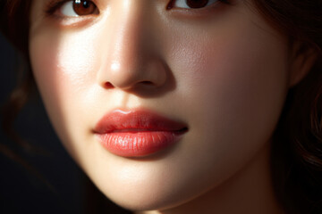 Close-up of a woman's face highlighting smooth skin, natural makeup, and soft lighting emphasizing lips and nose.