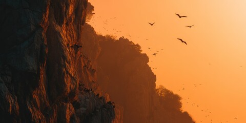 Birds settling into nests on a cliff as others still fly in the orange light