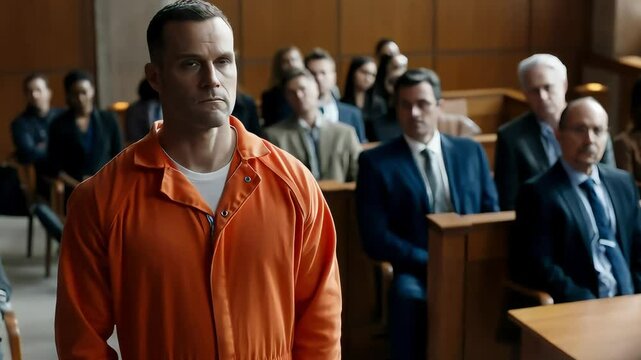 Male suspect in orange prison jumpsuit staring at jury in courtroom, tense trial moment as he awaits decision, legal justice system drama.

