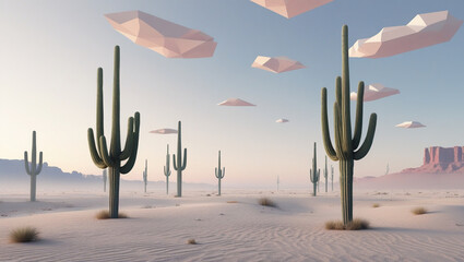 Surreal Desert Mirage A vast, minimalist desert landscape with impossibly tall, slender saguaro cacti reaching towards a sky filled with floating, geometric clouds.
