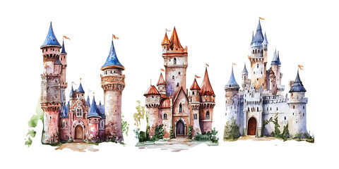 Obraz premium Pack Collection Fairytale Castles Miniature Figurines Fantasy Architecture Whimsical Designs set against transparent background