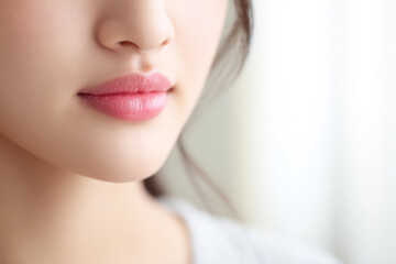 Fototapeta premium Close-up of a woman's lower face and lips with smooth, clear skin and natural pink lipstick against a soft, light background.